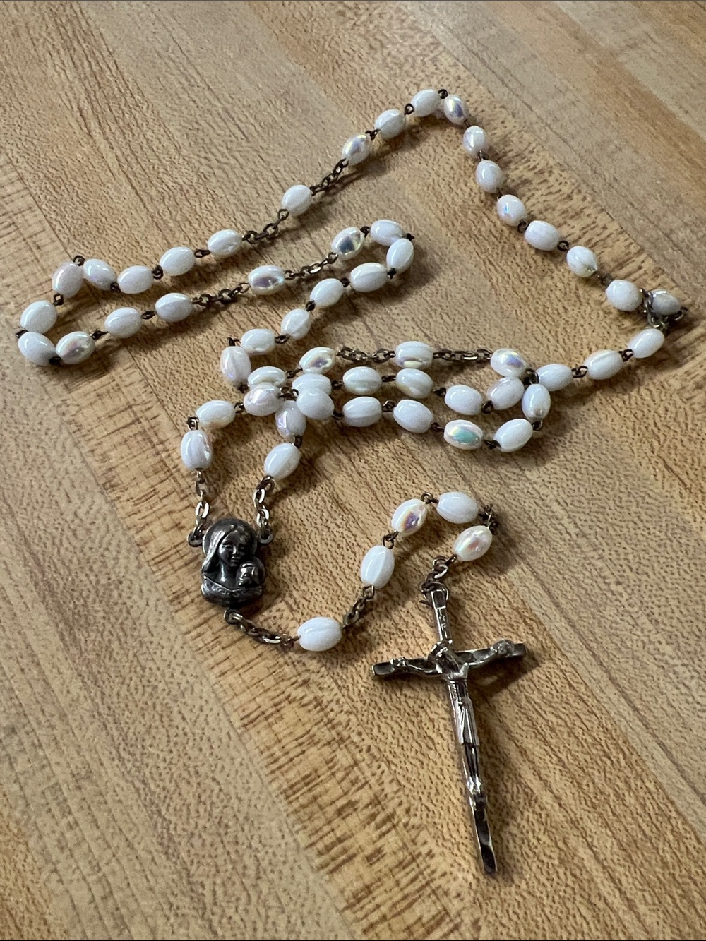 White Bead Rosary Necklace with Crucifix
